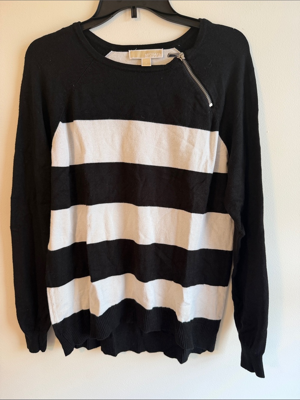 Michael Kors Black and White Striped Crew Neck Tunic Sweater